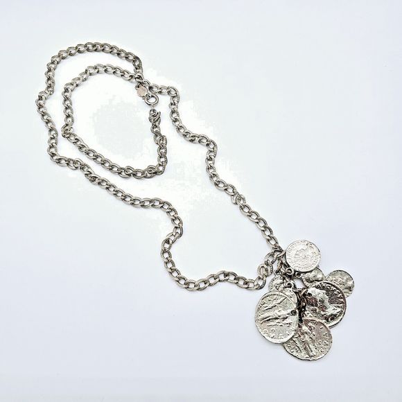 Accessocraft NYC Coin Necklace Vtg Old World Roman Textured Links Dangle Charm - Picture 4 of 11